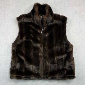 Vintage Black Mountain Outdoor Faux Fur Vest Men L Brown Sleeveless Full Zip USA